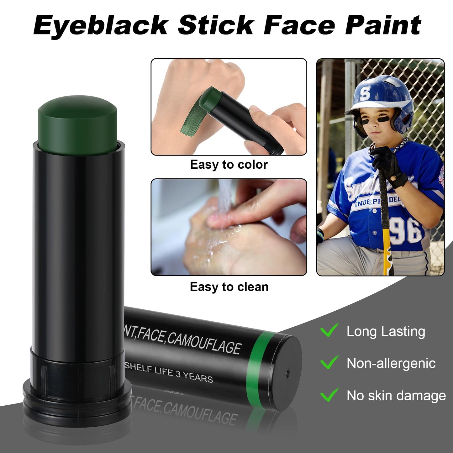 Aomig Black Face Paint Stick, Eye Face Body Paint Stick Colors Tube Waterproof Face Paint For Sports Baseball Softball Football Athletes Halloween Game Cosplay Costume Party Makeup Stick