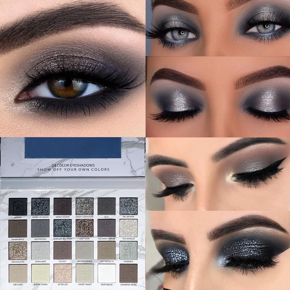 Katiluxiya 24Colors Black Grey Smokey Eyeshadow Palette, Matte Smoky Eye Shadow Palette, Shimmer High Pigmented Basic Black White Gray Shade Eye Black Makeup for Halloween