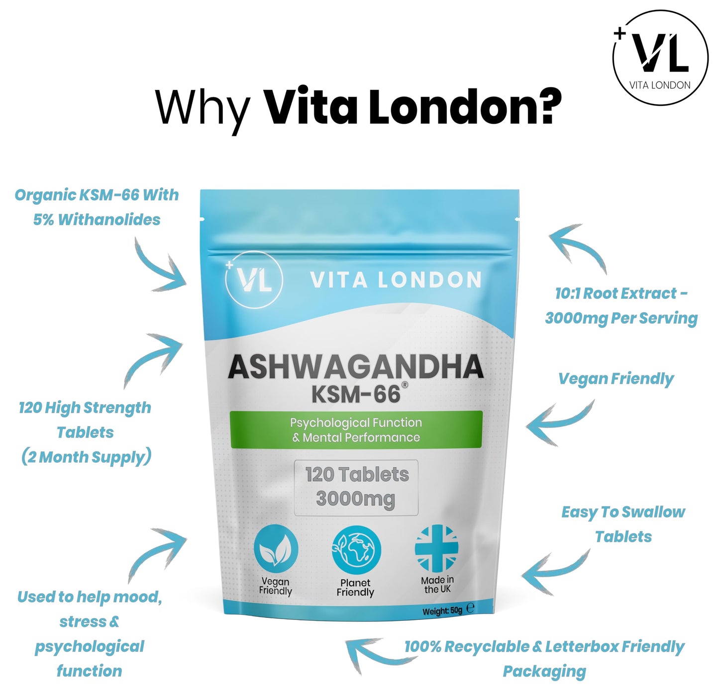 Ashwagandha Organic KSM-66 Tablets 3000mg | 6 Month Daily Supply |360 High Strength Supplement Tablet (Not Capsule or Powder) | Made in UK | Vegan