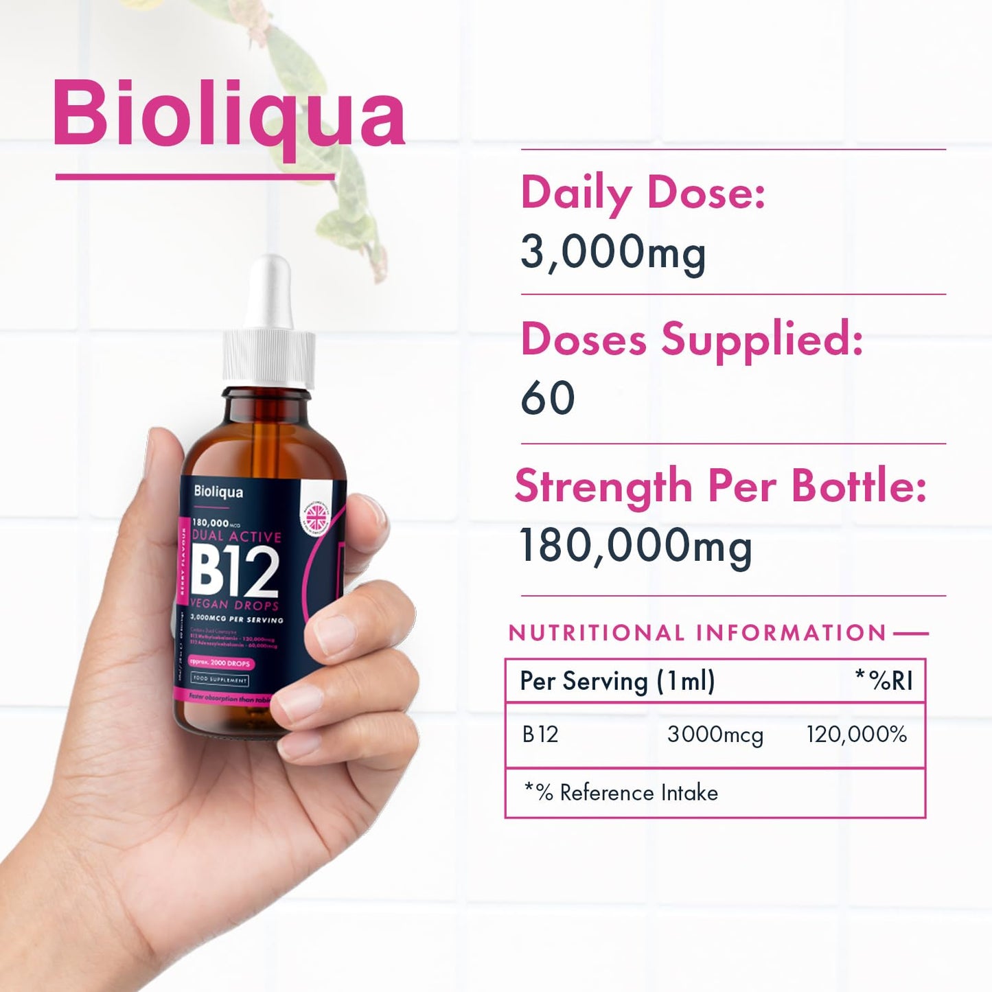 Balance ™ Vitamin B12 Liquid Drops - Vegan - High Strength 3000mcg - 2 Month Supply - 60 Servings - 18,000mcg per 60ml Dropper Bottle - Sublingual & Dual Action for Fast Absorption - Made in The UK by Balance
