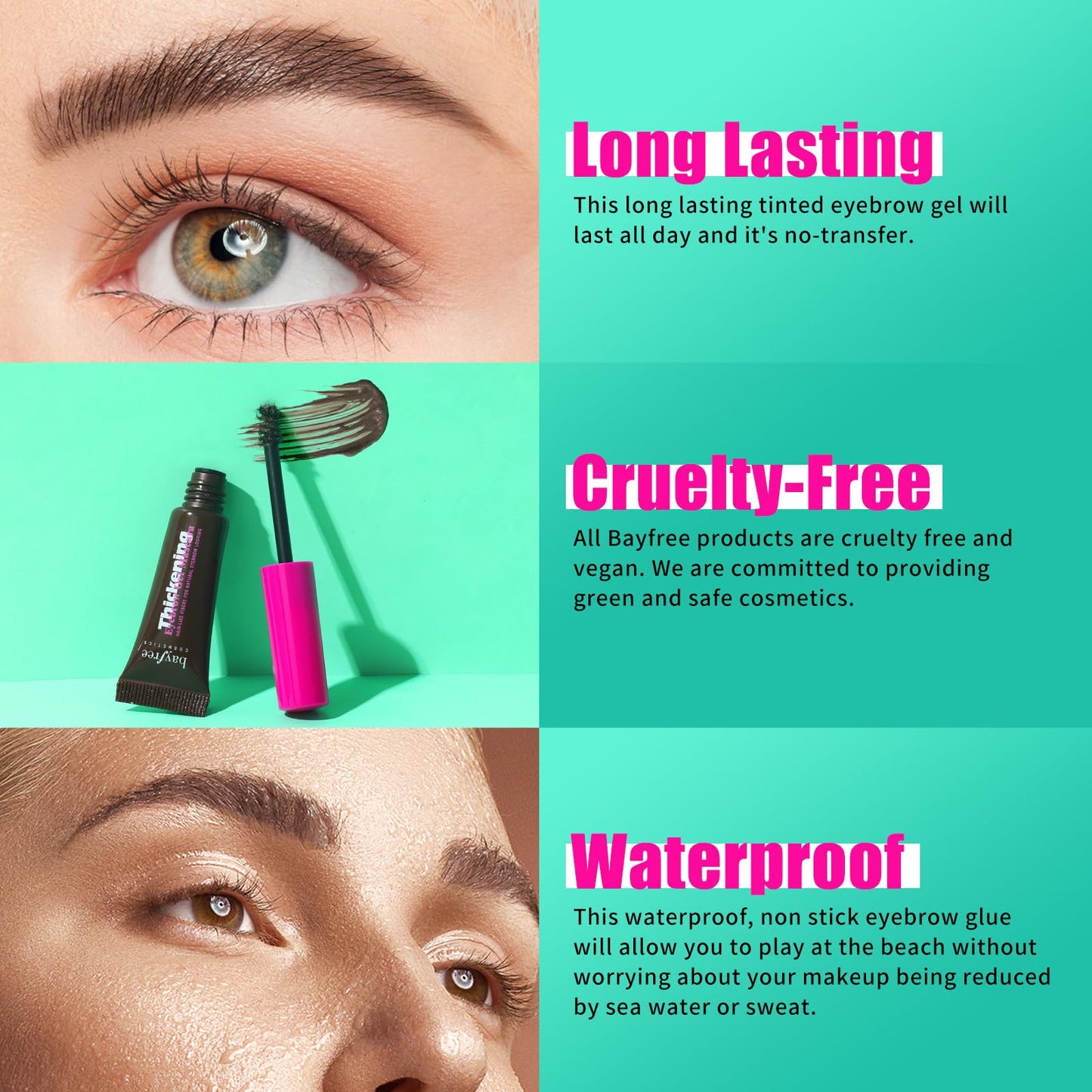 bayfree Thickening Eyebrow, Waterproof Tinted Brow Glue Eyebrow Gel, Wearable Eyebrow Glue for 16h, Brunette