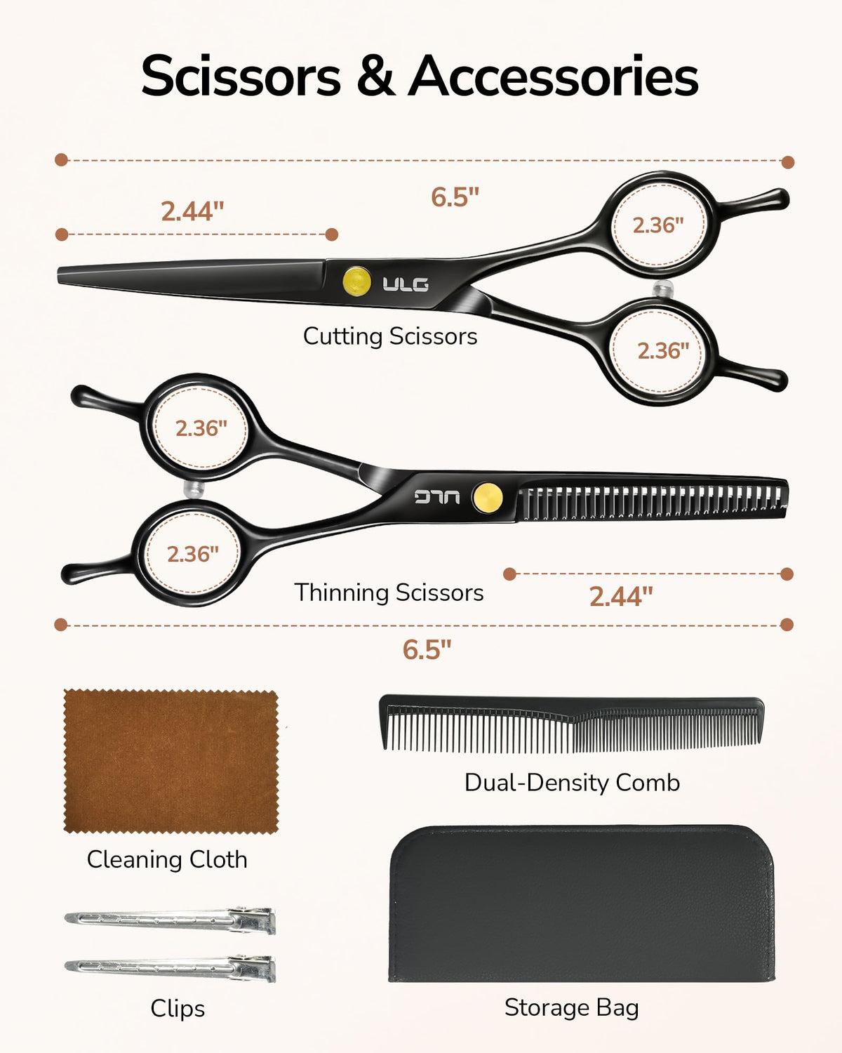 ULG Professional Hair Cutting Scissors Set – 16.5 cm Japanese Stainless Steel Barber Shears & Thinning Scissors with Comb, Clips & Case – at-Home Salon Haircut Kit for Men, Women, Kids, Black
