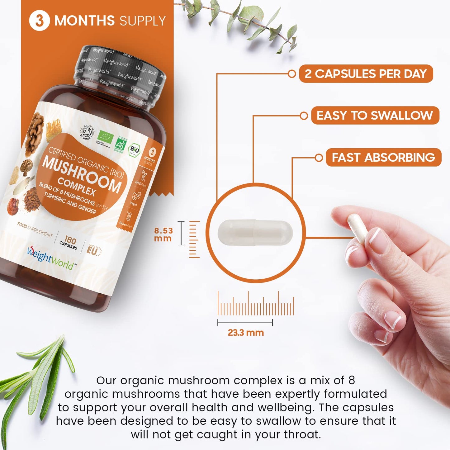 Organic Mushroom Complex 8-180 Capsules - 1000mg - Lion's Mane and 7 Mushroom Blends (Reishi, Chaga, Cordyceps, Shitake, Oyster, Maitake & Coprius) - Added Turmeric & Ginger - Vegan Capsules