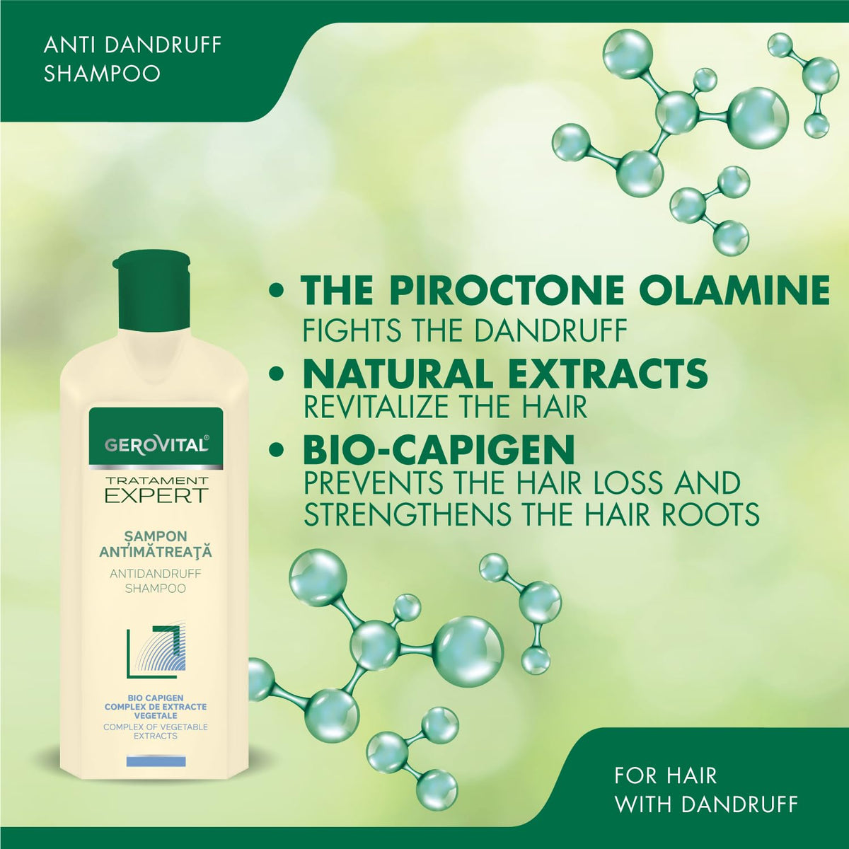 GEROVITAL Gerovital Anti-Dandruff Shampoo - Sebum-Regulating & Moisturizing Formula with Natural Extracts | For Sensitive Scalp & Clean Hair, Gerovital Tratament Expert 400 ml