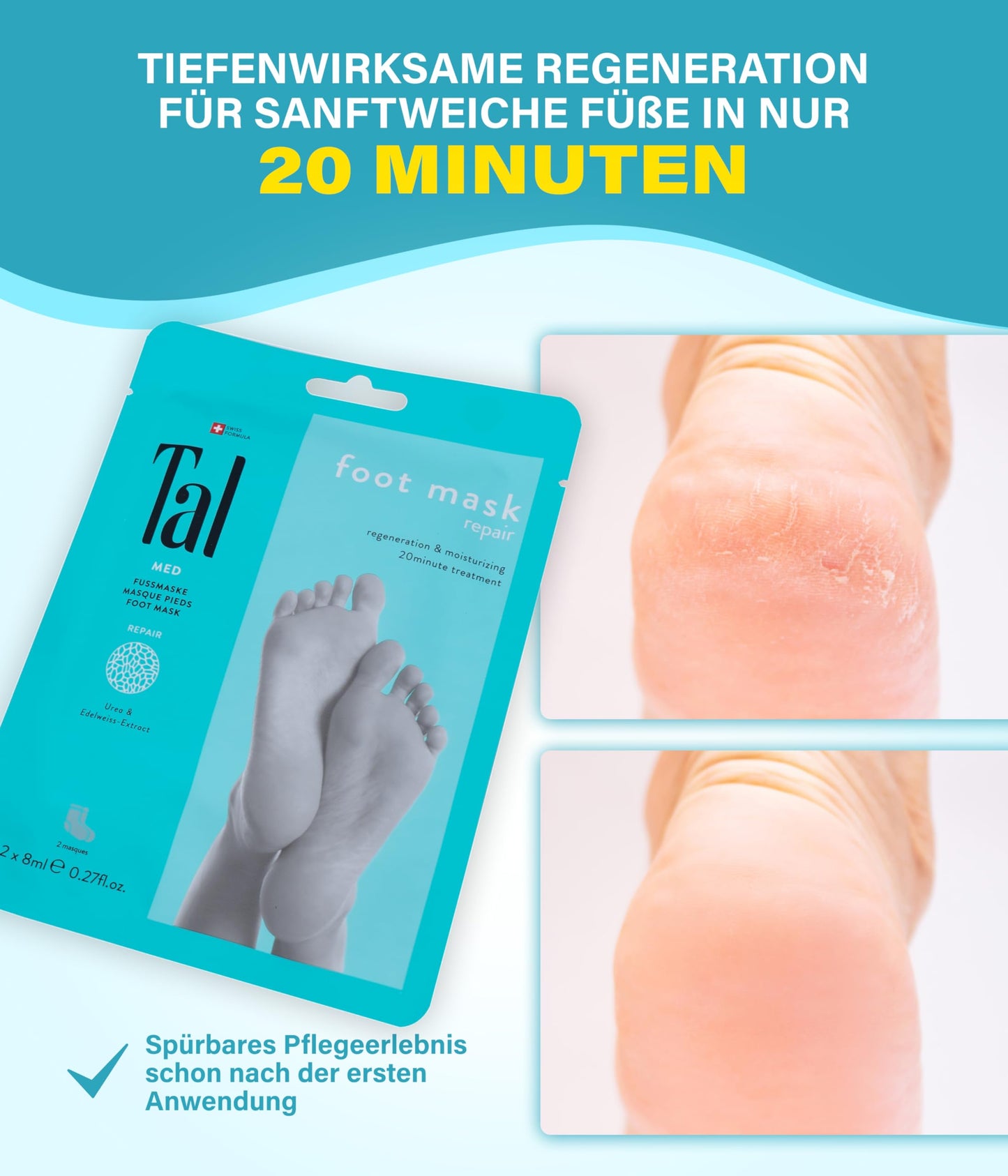 Tal Med Foot Mask Repair – In just 20 minutes to regenerated and nourished feet – Immediate effective with the first use – Exclusive active formula
