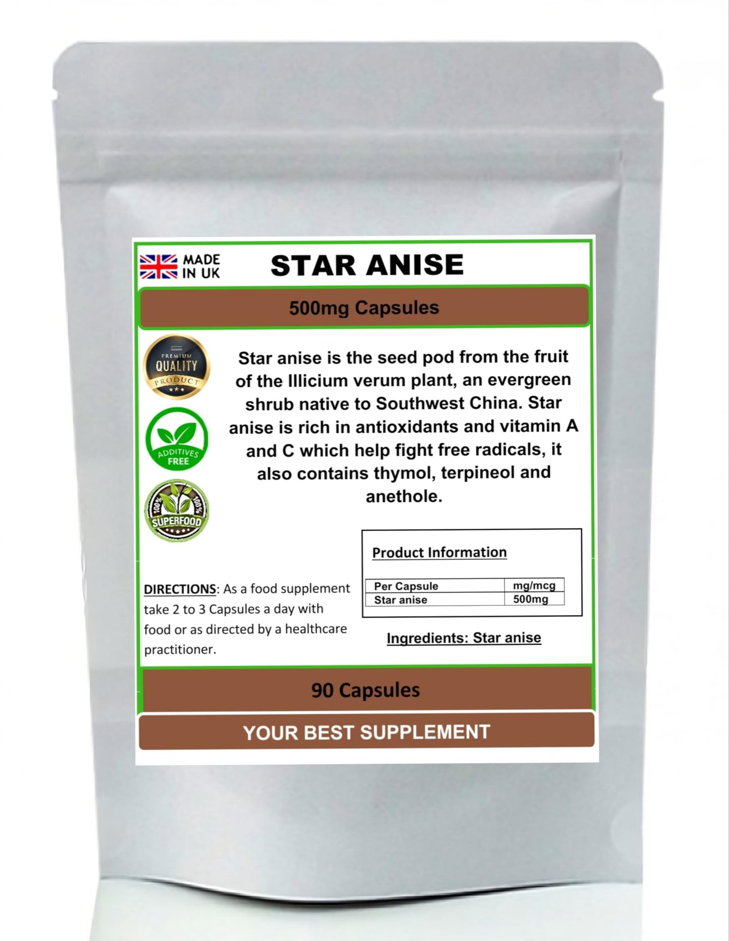 Your Best Supplement Star Anise Capsules 500mg- 100% Natural (Pure no additives) (90)