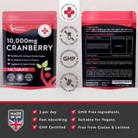 Cranberry Tablets 10,000mg 120 Vegan Tablets 2 Months Supply - High Strength Supplement for Women and Men Cranberry Extract for Urinary Tract Bladder and Kidney Support (not Capsules) UK Made GMO Free