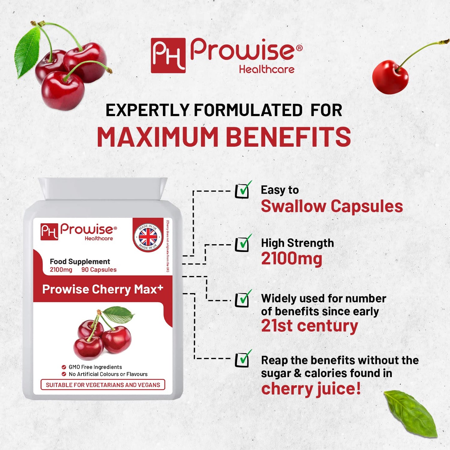 PH PROWISE Healthcare Montmorency Cherry Capsules 2100mg - 90 Vegan Supplements I Prowise CherryMax with 1500MG Montmorency Cherry & 600MG Black Cherry I Tart Cherry Capsules I Made in The UK by Prowise Healthcare