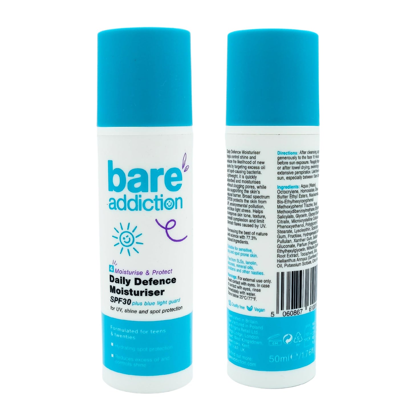 Bare Addiction 50ml Daily Defence Skincare Moisturiser for Spot Protection: Reduces Excess Oils and Controls Shine: SPF30 Sun Protection