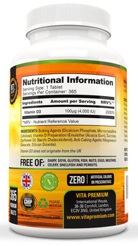 Vitamin D 4,000 IU Tablets, Maximum Strength Vitamin D3 Supplement, 365 Easy to Swallow Tablets - Full Year Supply