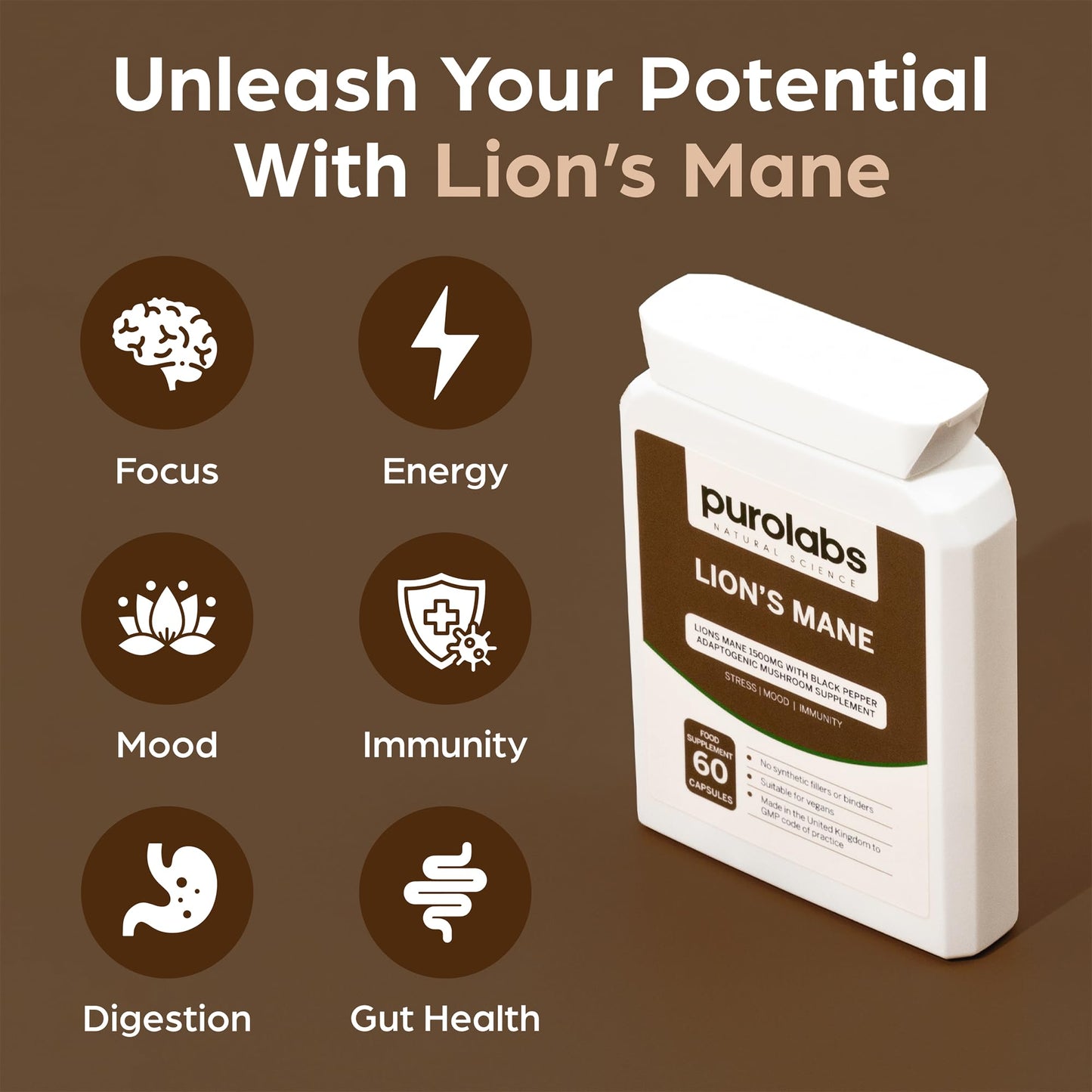 Purolabs Lions Mane Mushroom Extract Supplement 1500mg - 60 High Strength Vegan Capsules with Black Pepper - Made in The UK by Purolabs