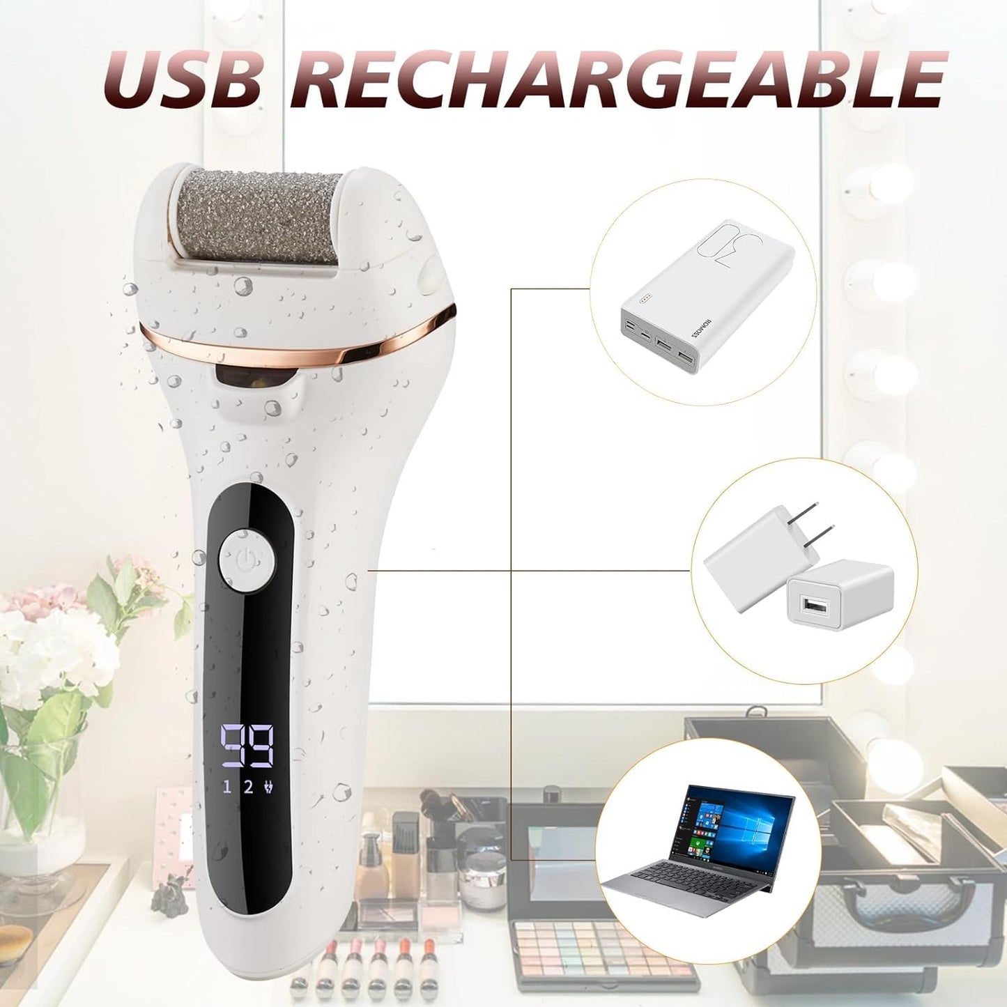 Swhily Foot Callus Remover, Professional Electric Pedicure Callus Remover, Rechargeable Foot File with 6 Roller Heads for Feet Care