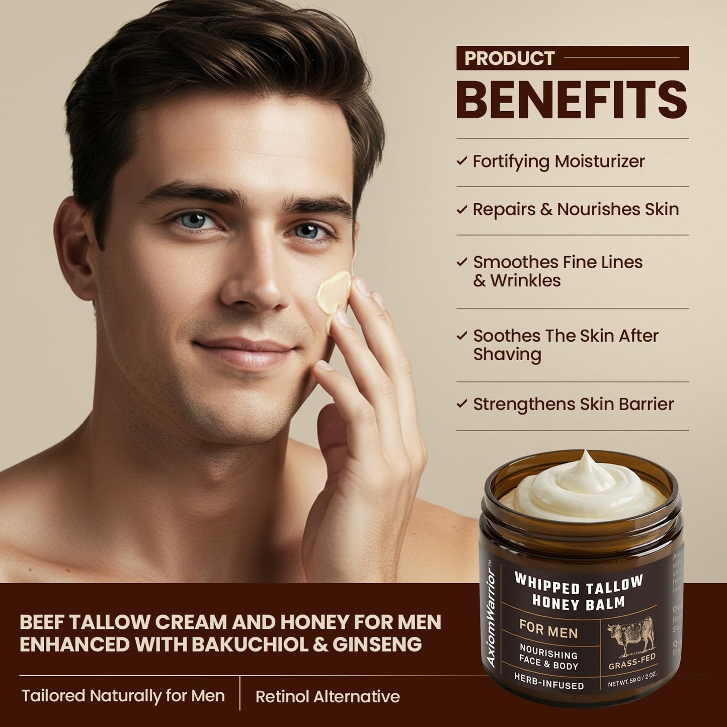 AxiomWarrior Beef Tallow Skin Care: Whipped Organic Beef Tallow Moisturizer Cream for Face & Body with Grass Fed & Finished - Hydrates, Smoothes, Nourishes Skin - Sensitive, Dry Skin - 2oz