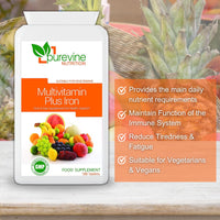 Purevine Nutrition Multi Vitamins with Iron Supplement - 180 Tablets - Daily One A Day Multivitamin with Vitamin C, B, A and D – Immune Support Suitable for Men and Women - UK Manufactured to GMP Standards