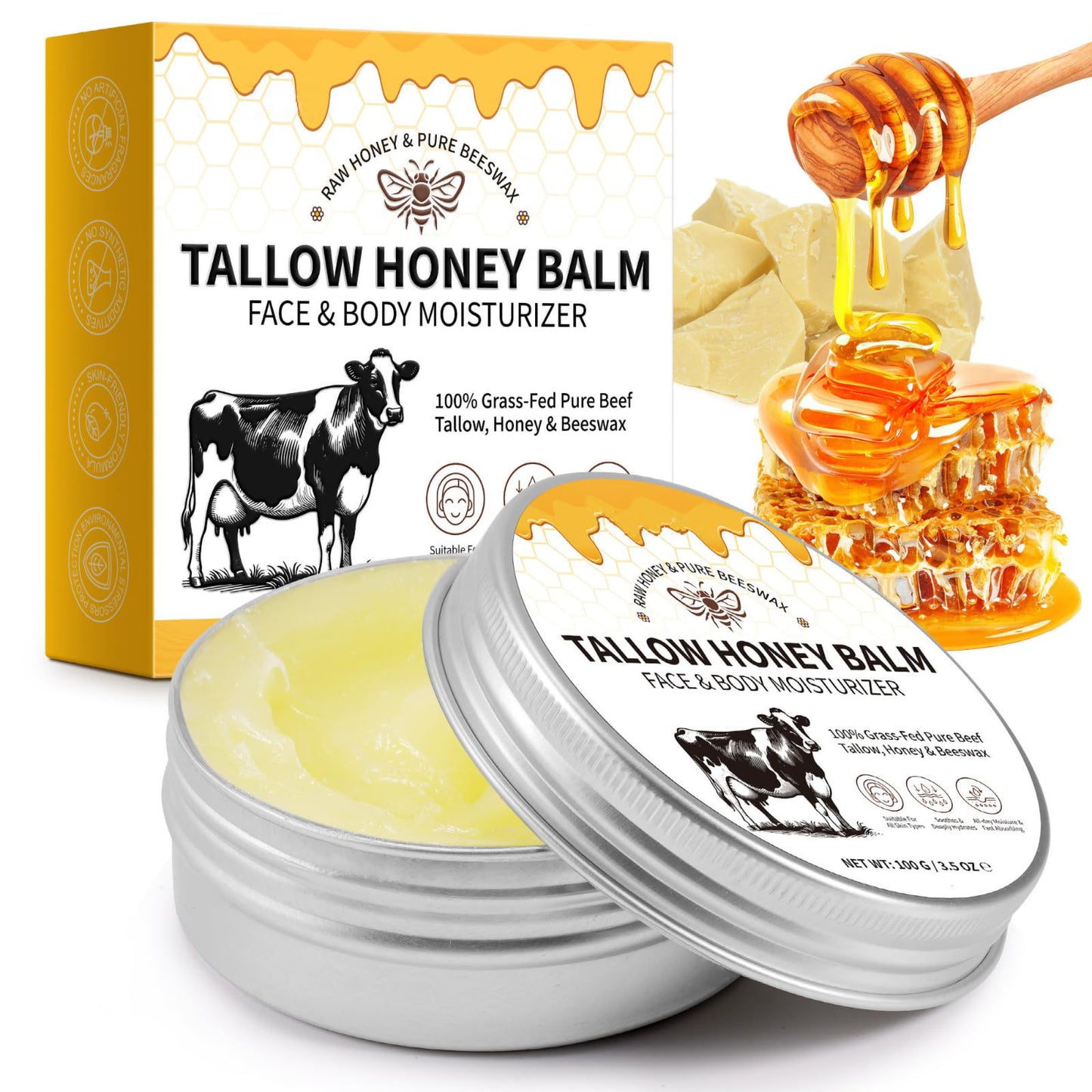 CTUBLIAUNX Tallow Honey Balm - Natural Face Cream with Beef Tallow & Honey for Hydration, Anti-Aging & Dry Skin Repair - Daytime Moisturizer for Women & Men