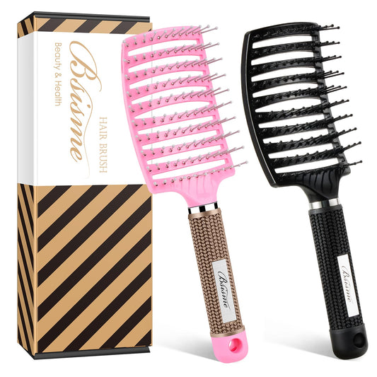 Bsisme 2Pcs Hairbrush for Women, Men and Kids, Detangling Curved Vent Brush for Long Thick Thin Curly Wet or Dry Hair, Styling Tool (Pink & Black)