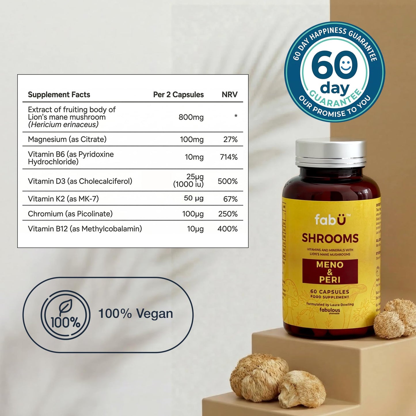 fabÜ Shrooms MENO & PERI - Lion's Mane Mushroom & Magnesium Supplements for Women During Menopause - Natural Perimenopause Support - Hormone Balance & Energy Support (60 Capsules)