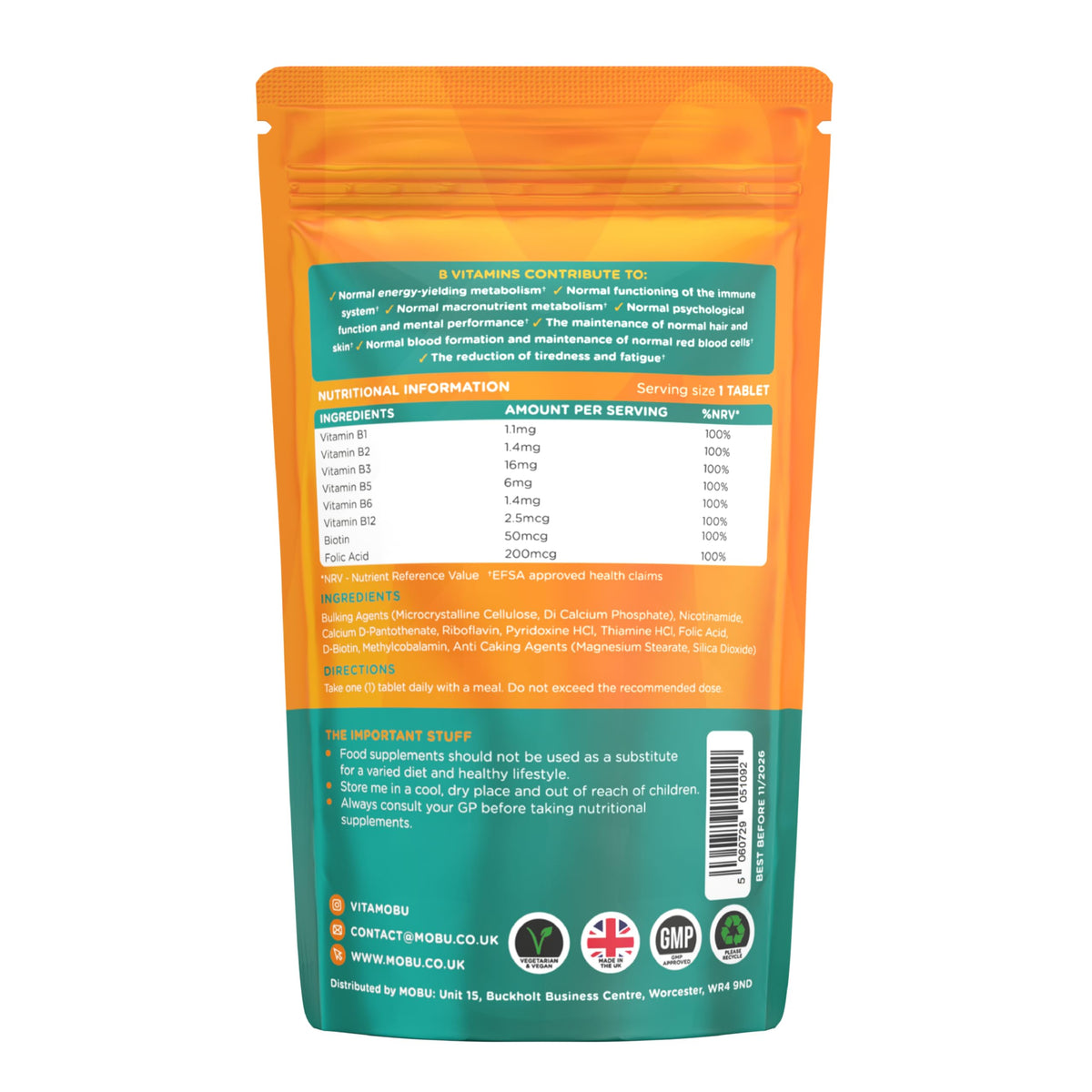 Vitamin B Complex 120 Tablets | Optimal Mix of All 8 Essential Vitamins B1, B2, B3, B5, B6, B12, Biotin & Folic Acid | B Vitamins Tiredness & Fatigue Support | Vegan UK Made | GMP Approved | MOBU UK
