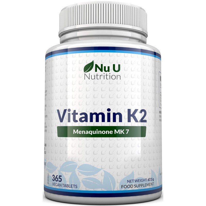 Vitamin K2 MK 7 200mcg - 365 Vegetarian and Vegan Tablets (not Capsules) - One Year Supply of High Strength Vitamin K2 Menaquinone MK7 from Trans-Isomer by Nu U Nutrition