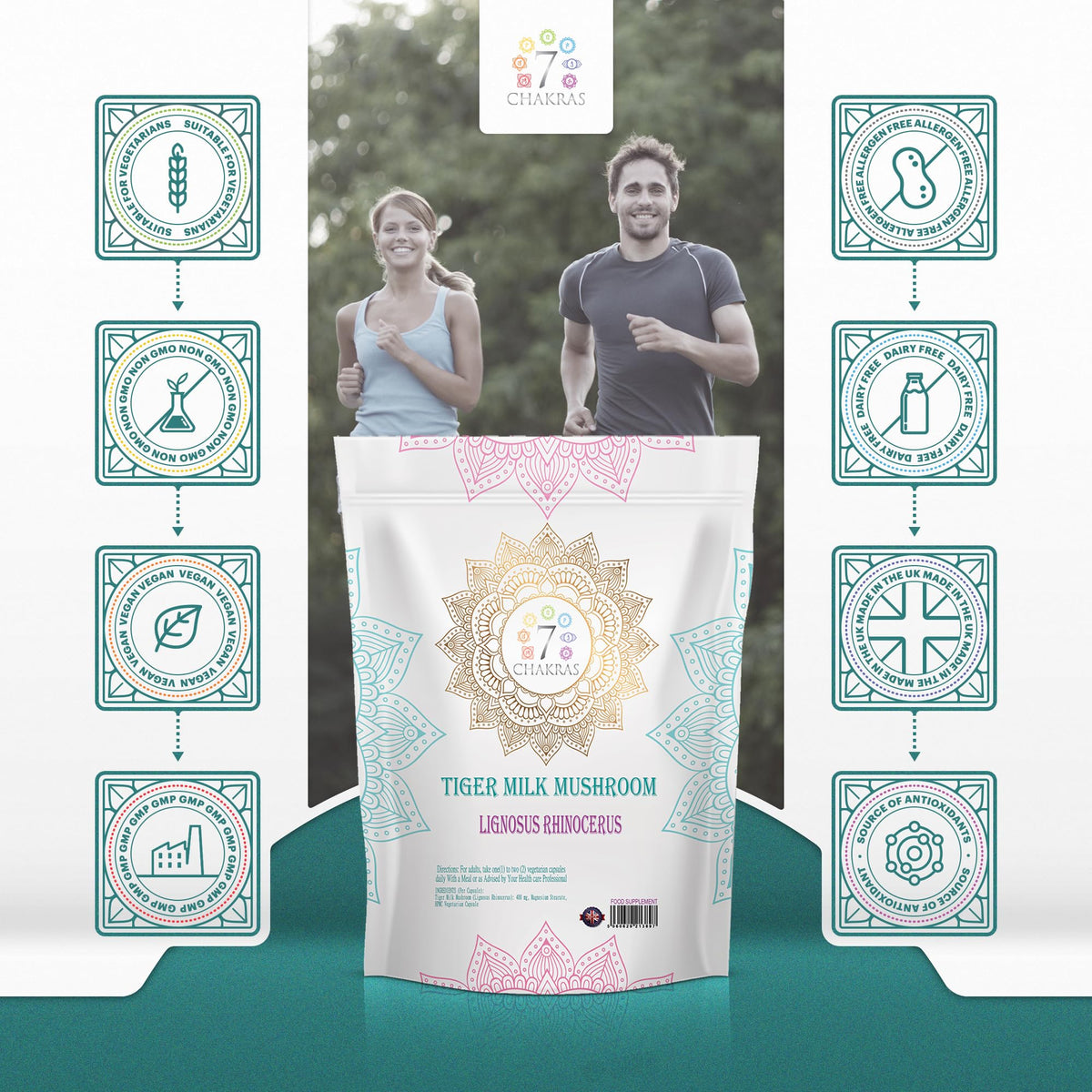 7 Chakras 7C Tiger Milk Mushroom | 120 High Strength Tigers Milk Mushroom Supplement - 400mg Tigers Milk Mushroom Extract per Serving | Mushroom Capsules | Non-GMO Gluten Allergen Free | Manufactured in The UK