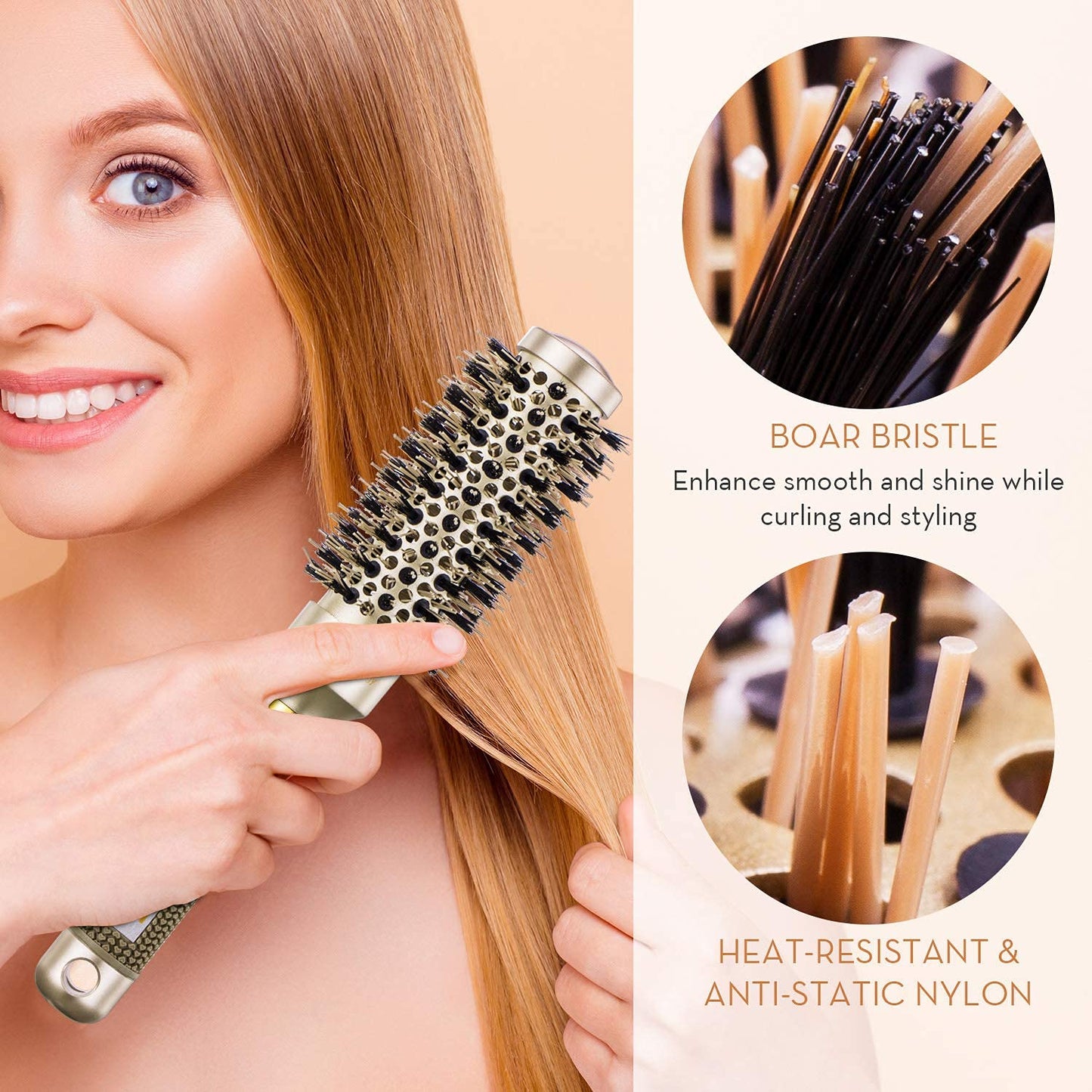 AIMIKE Round Brush, Nano Thermal Ceramic & Ionic Tech Hair Brush, Small Round Barrel Brush with Boar Bristles for Blow Drying, Styling, Curling and Shine (2.4 inch, Barrel 1.3 inch) + 4 Free Clips