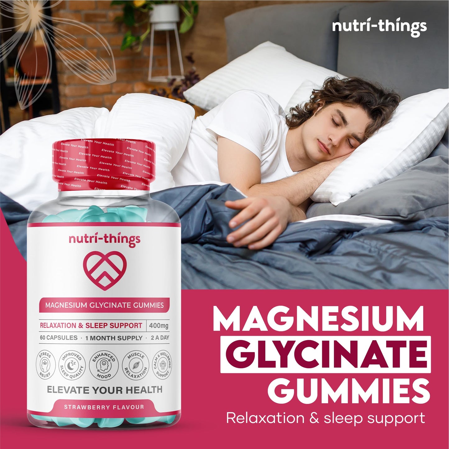 Nutri-things Magnesium Glycinate Gummies Adult - Mixed Berry Flavor, 400mg High Absorption Magnesium Chewable for Stress Relief, Sleep & Muscle Relaxation - Non-GMO, Gluten-Free - 60 Count, 30-Day Supply