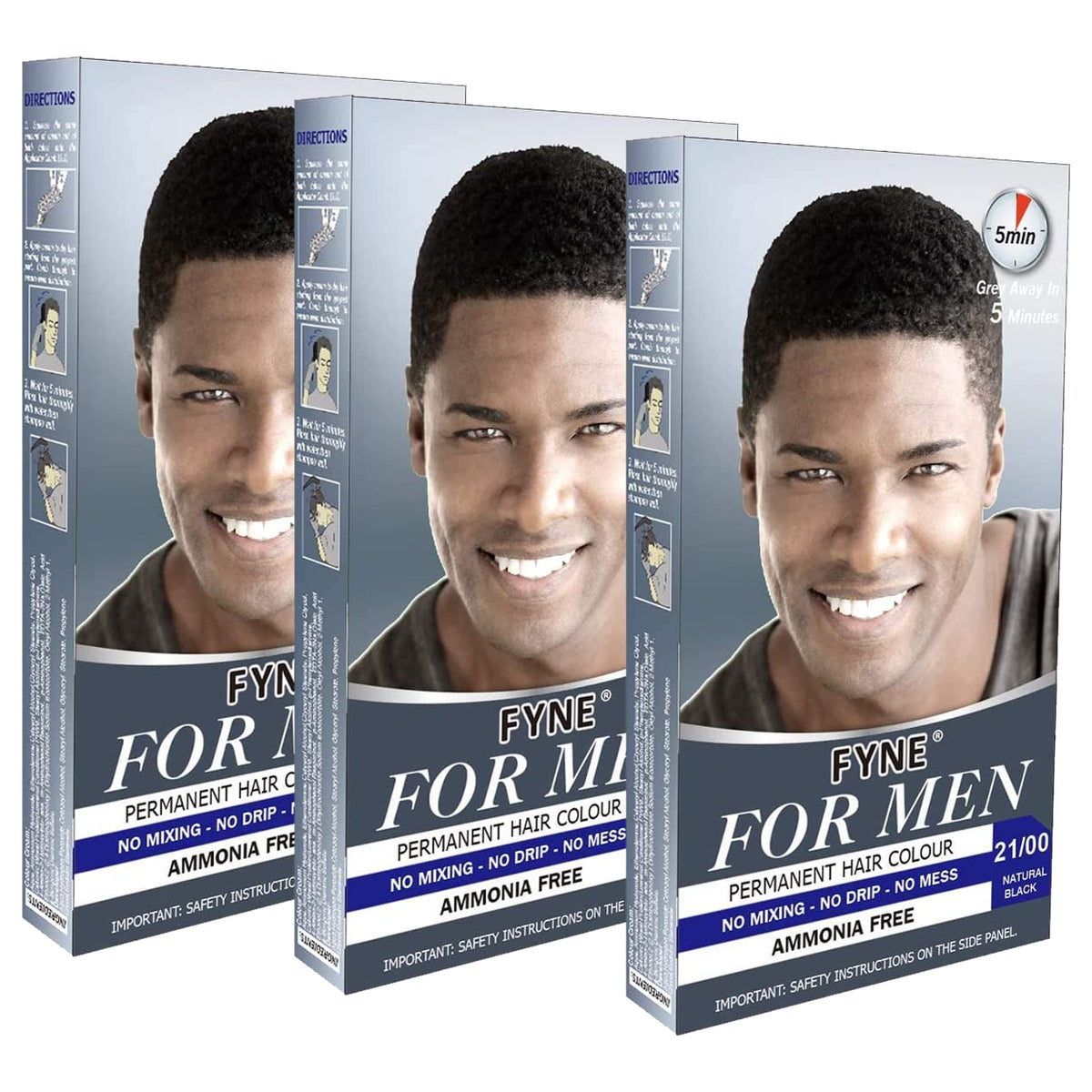FYNE - Natural Black Permanent Hair Colour | Pack of 3 | Grey Hair Colouring for Men with Comb Applicator Included | Natural-Look Hair Dye | No Mixing Ready to Apply | Ammonia and Cruelty-Free