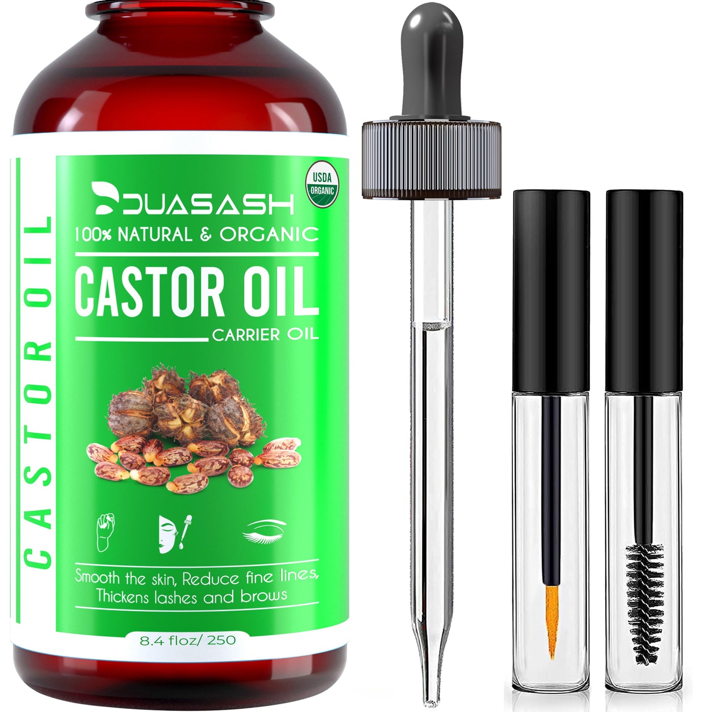 DUASASH Duasash Organic Castor Oil for Eyelashes and Eyebrows 250ml Cold Pressed Castor Oil for Hair Growth Undiluted Hexane Free 100% Natural and Pure Castor Oil for Skin with Brushes For Hair, Beard, Nails