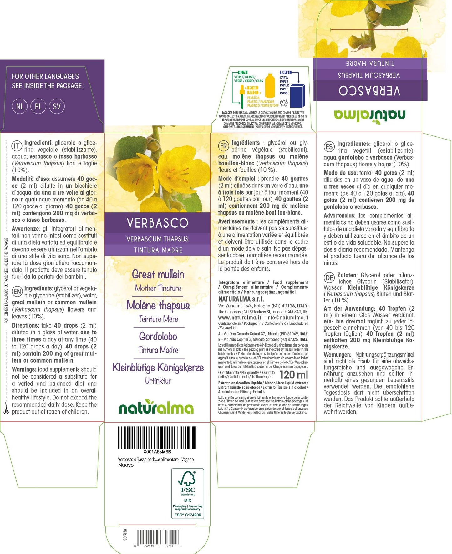 Great Mullein or Common Mullein (Verbascum thapsus) Flowers and Leaves Alcohol-Free Mother Tincture Naturalma - Liquid Extract Drops 120 ml - Food Supplement - Vegan