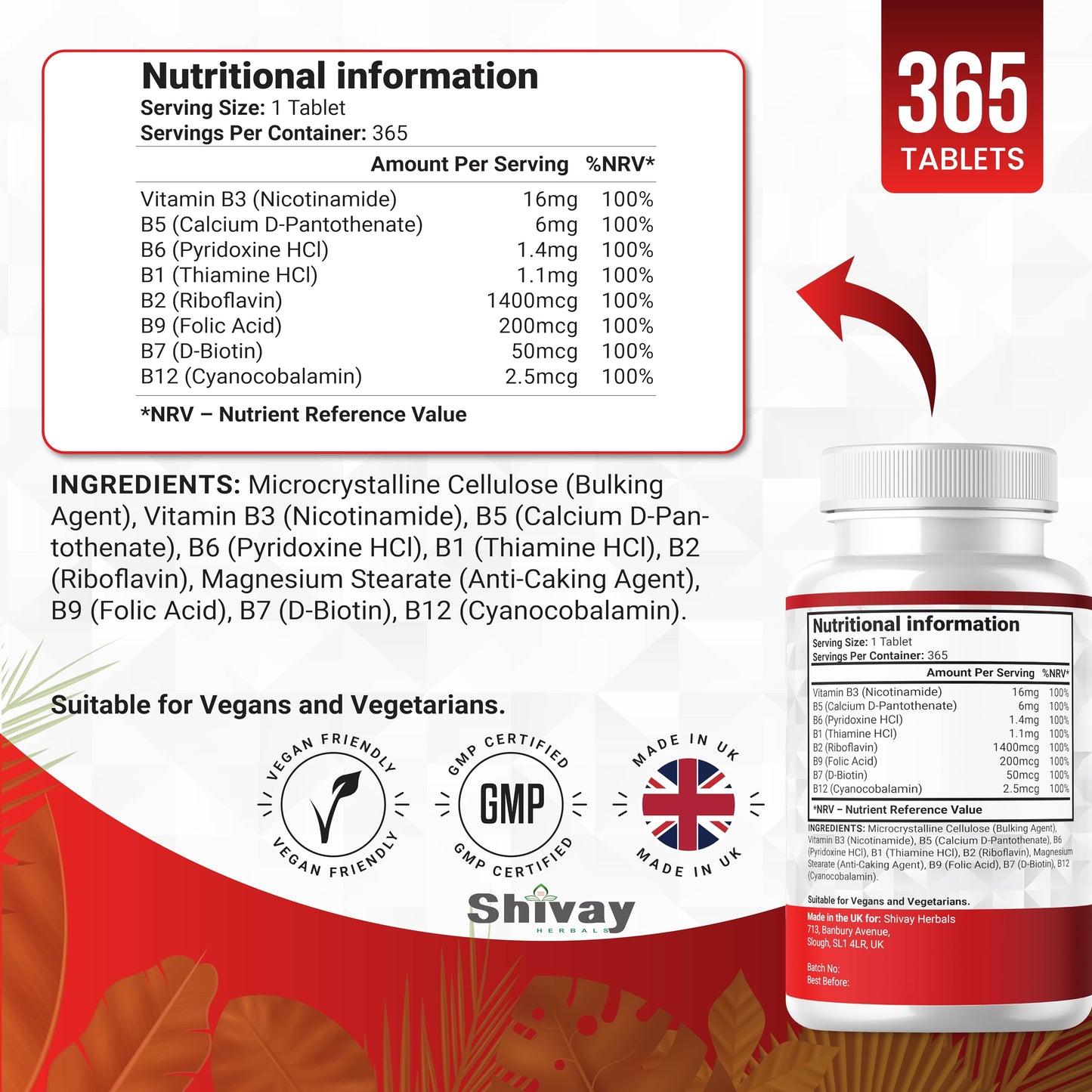 Shivay Herbals Vitamin B Complex – 365-Count Vitamin B Complex Tablets 1-Year Supply High-Strength Tablets with B1, B2, B6, B12, Folic Acid, Biotin for Tiredness, Fatigue, Immune Support, Made in UK