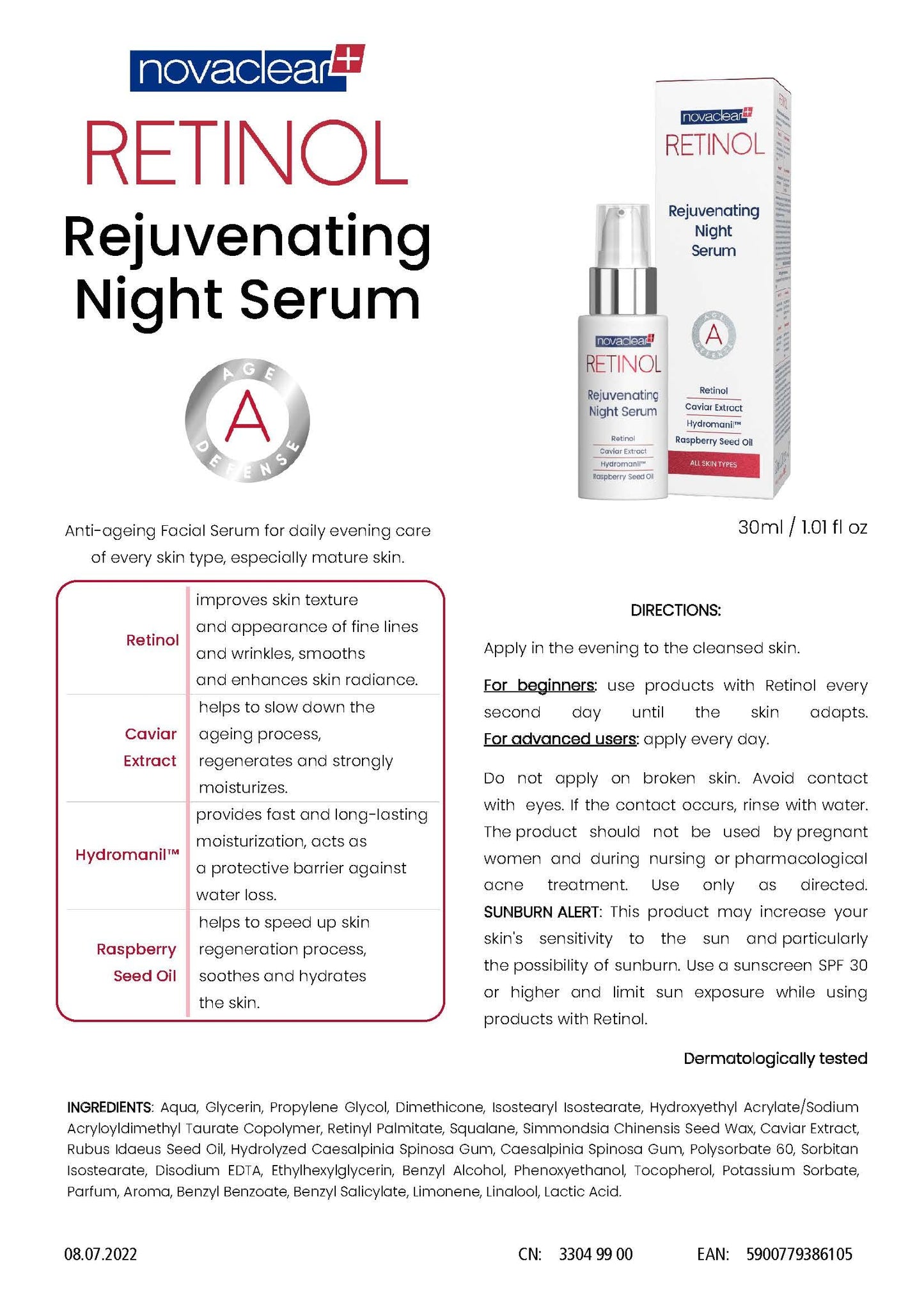 Novaclear RETINOL Rejuvenating Night Serum, Anti-Wrinkle & Anti-Aging Treatment - Visibly Reduces Fine Lines, Skin Firming Serum for Face, with Caviar, Hydromanil and Raspberry seed oil.