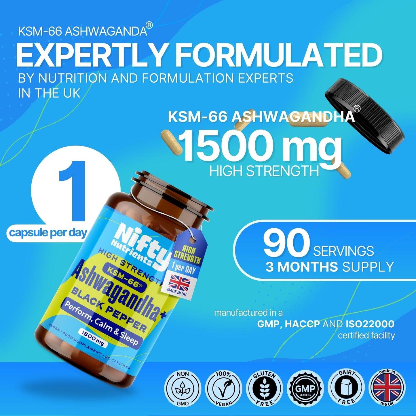 Nifty Nutrients Ashwagandha KSM-66® 1500mg High Strength Capsules | 1 a Day | 90 Capsules 3 Month Supply | Vegan & Black Pepper to Aid Absorption | Made in The UK