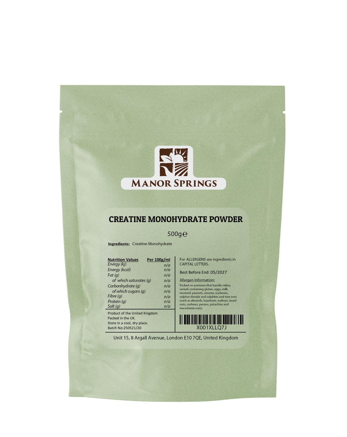 MANOR SPRINGS Creatine Monohydrate Powder 500g, Creatine Supplement, Micronized Creatine, Creatine Powder, Unflavoured, 5000mg Per Serv (5g), 100 Servings – by Manor Springs