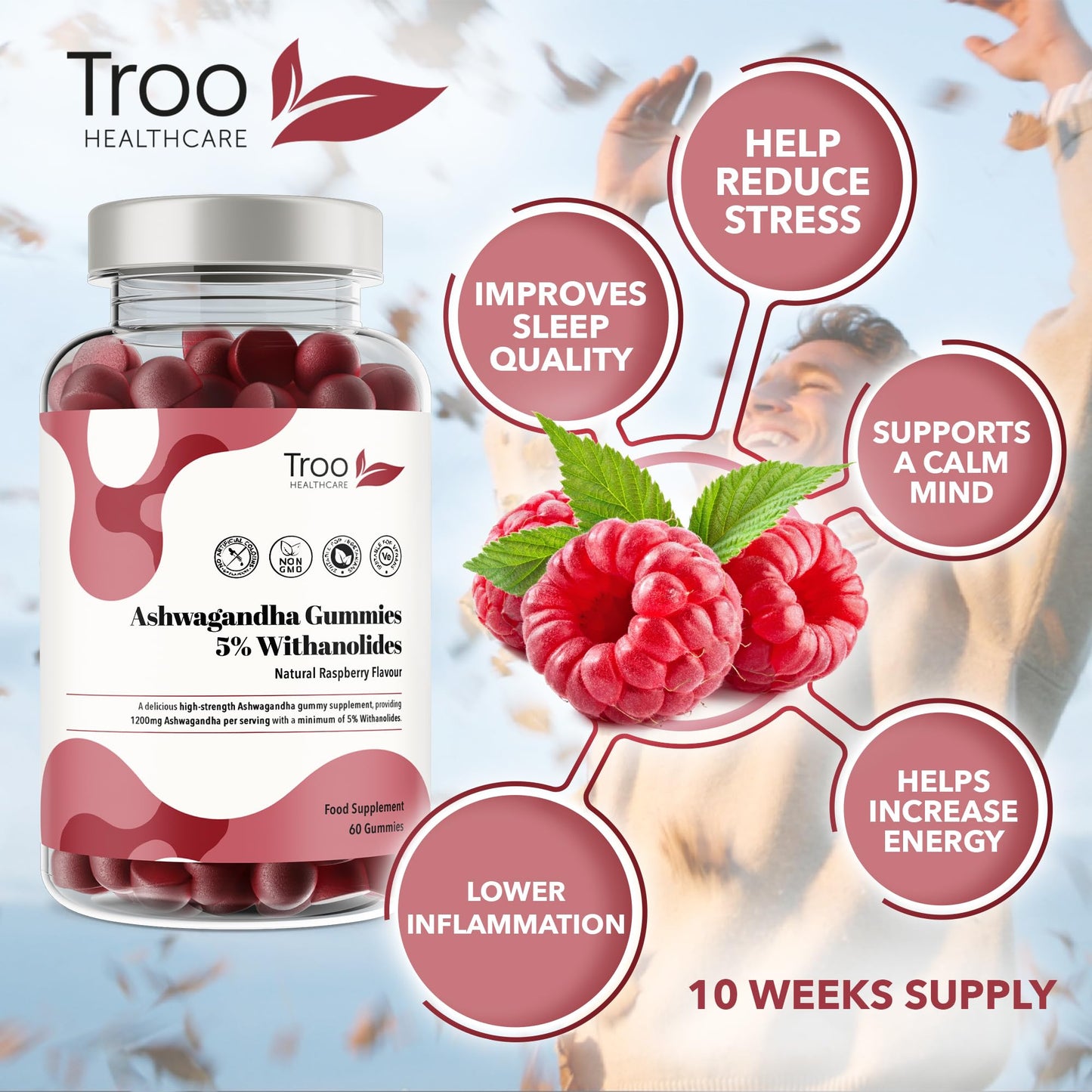 Troo Health Care Ashwagandha Gummies 1200mg - 60 Delicious Natural Raspberry Flavour Gummy Chewables - Ashwagandha Root Extract Supplement with 5% Withanolides - Vegan & Gluten-Free