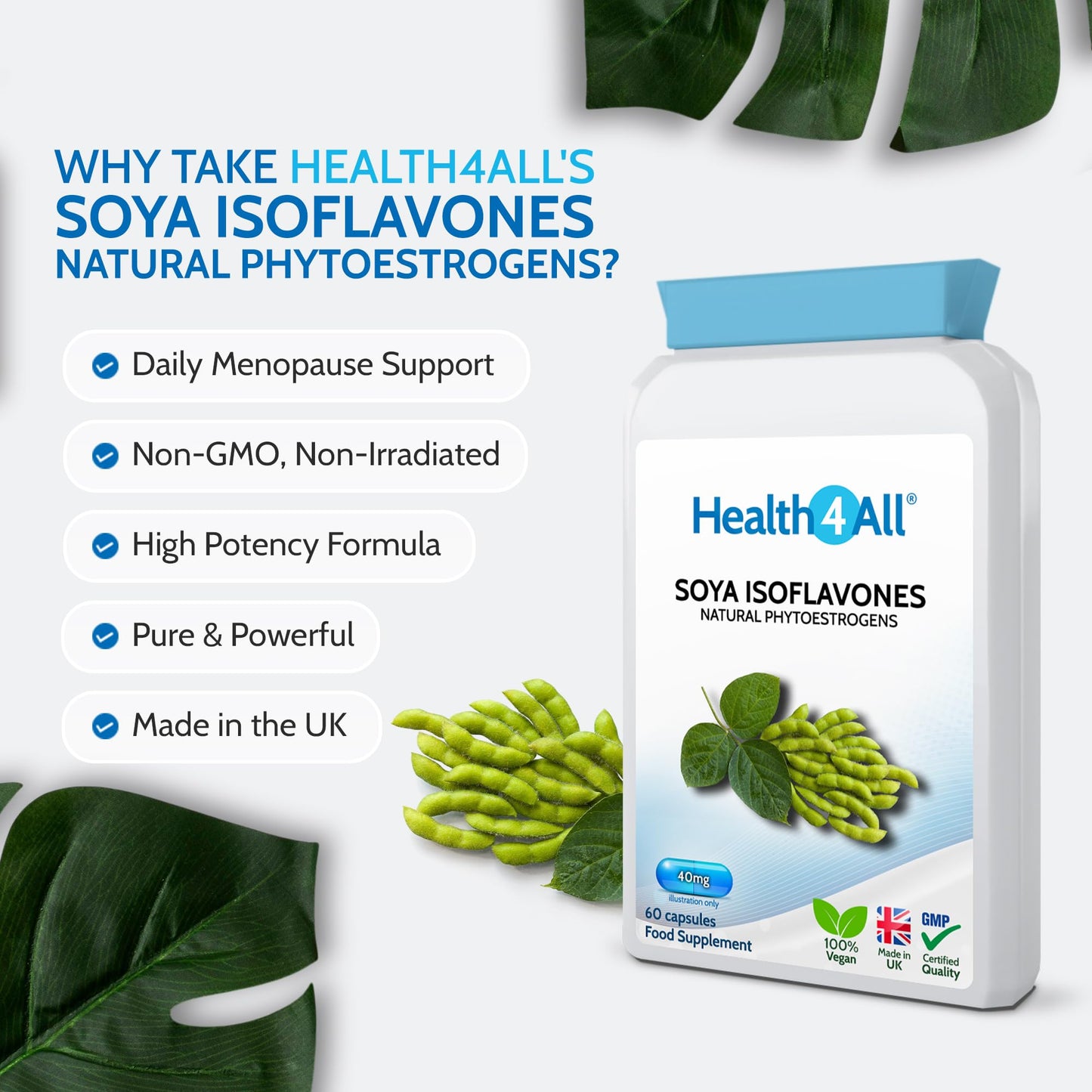 Health4All SOYA Isoflavones 40mg per Capsule, 60 Capsules 2 Months Supply, Menopause Support Supplement, High Strength SOYA Isoflavones 40% Extract, Non-GMO, Non-Irradiated, 1 a Day | Made in UK
