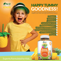 Kids Tummy Gummies (Age 5+) - Probiotics for Children - 120 Vegan Gummies - Natural Pineapple Flavour - with Lactobacillus and Bifidobacterium & Vitamin B3, B5,B6 & C - Nu U Nutrition