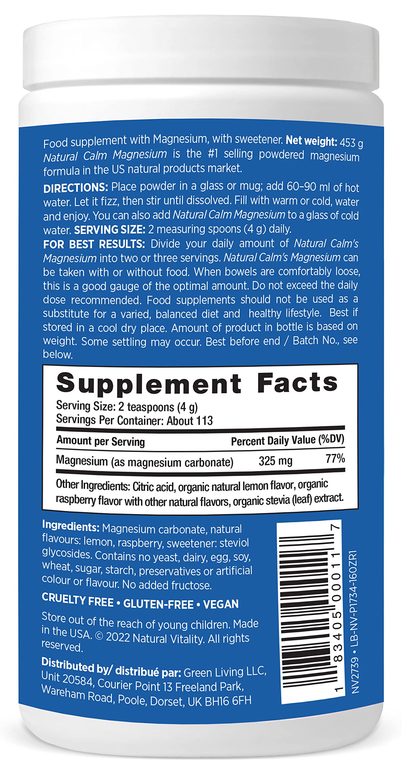 Natural Vitality Natural Calm - RLS - Restless Legs - Relaxation - Stress - Muscle Cramps - Tension - Unwind - Amazing Taste - Raspberry Lemon - 453 Gr