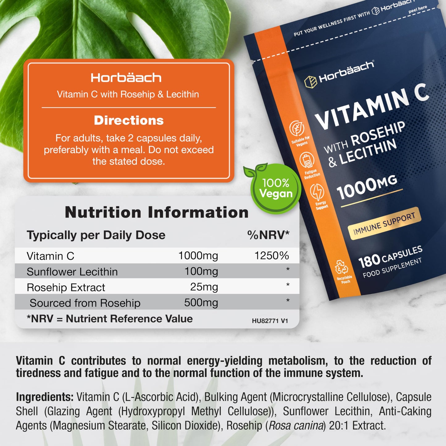 Horbäach Vitamin C 1000mg with Rosehip | 180 Capsules | High Strength Vitamin C as Ascorbic Acid with Added Rosehip and Sunflower Lecithin | Vegan Supplement | by Horbaach