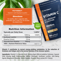 Horbäach Vitamin C 1000mg with Rosehip | 180 Capsules | High Strength Vitamin C as Ascorbic Acid with Added Rosehip and Sunflower Lecithin | Vegan Supplement | by Horbaach