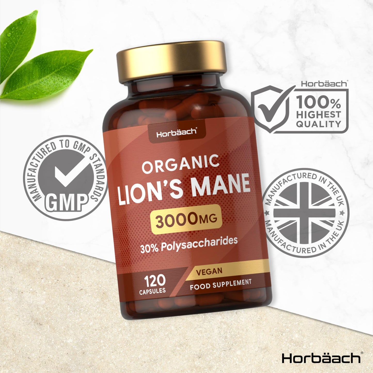Organic Lions Mane Supplement 3000mg | High Strength Mushroom Extract | 120 Vegan Capsules | by Horbaach