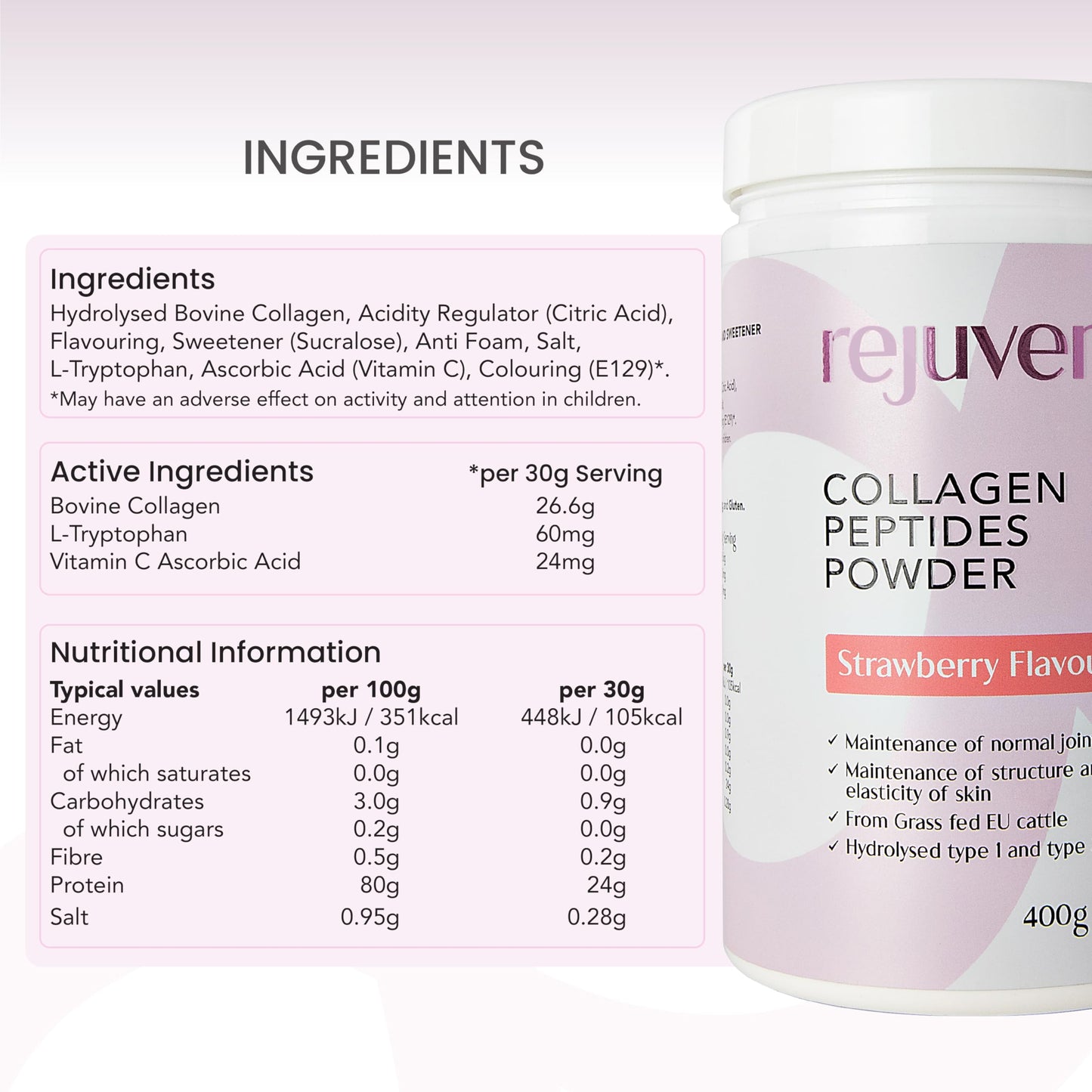 Rejuven8 Collagen Peptides Powder - 400g Strawberry Flavour - 26g of Collagen and 24g of Protein Per Serving - Grass Fed Bovine Collagen Powder for Women & Men - Protein Collagen Powder