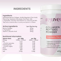 Rejuven8 Collagen Peptides Powder - 400g Strawberry Flavour - 26g of Collagen and 24g of Protein Per Serving - Grass Fed Bovine Collagen Powder for Women & Men - Protein Collagen Powder