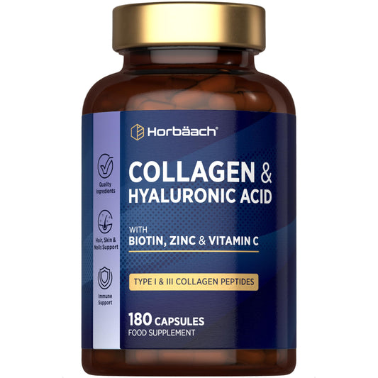 Horbäach Collagen Supplement with Hyaluronic Acid | Type 1 & 3 Hydrolysed Collagen Peptides | High Strength Complex with Biotin, Zinc and Vitamin C | Hair, Skin and Nails Formula | 180 Capsules | By Horbaach
