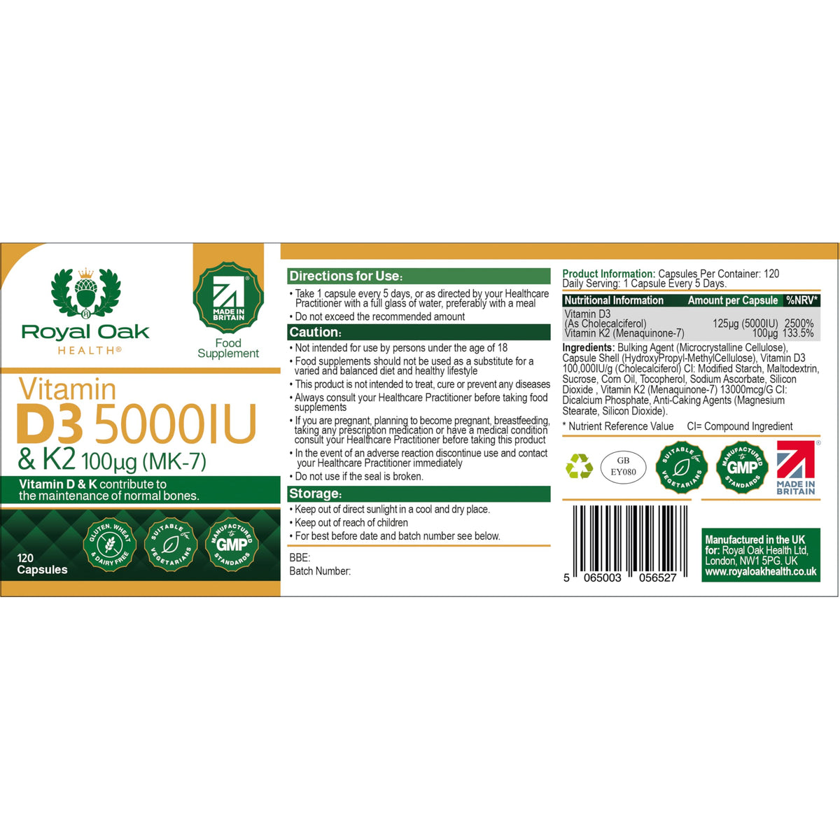 Vitamin D3 5000 IU & Vitamin K2 100mcg (MK-7) x120 Capsules - High Strength Vitamin D & K2 Supplement for Men & Women, Made in the UK by Royal Oak Health