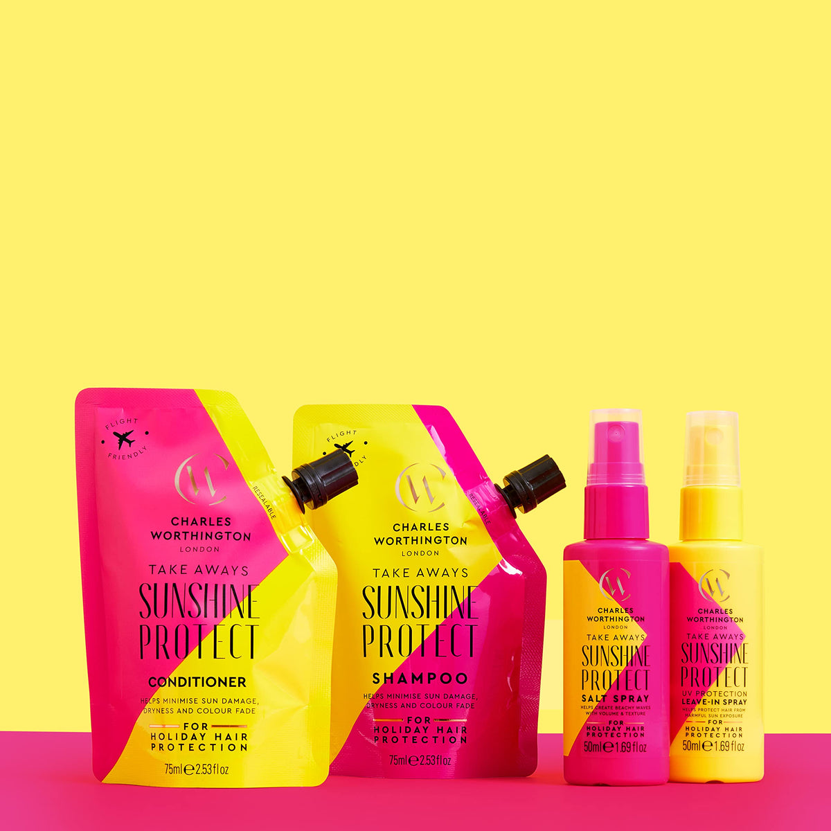Charles Worthington Sunshine Protect Conditioner Takeaway, Hair Damage Conditioner to Hydrate and Nourish, Hair Repair Products for Women and Men, Salon Hair Repair Conditioner, 75 ml Yellow