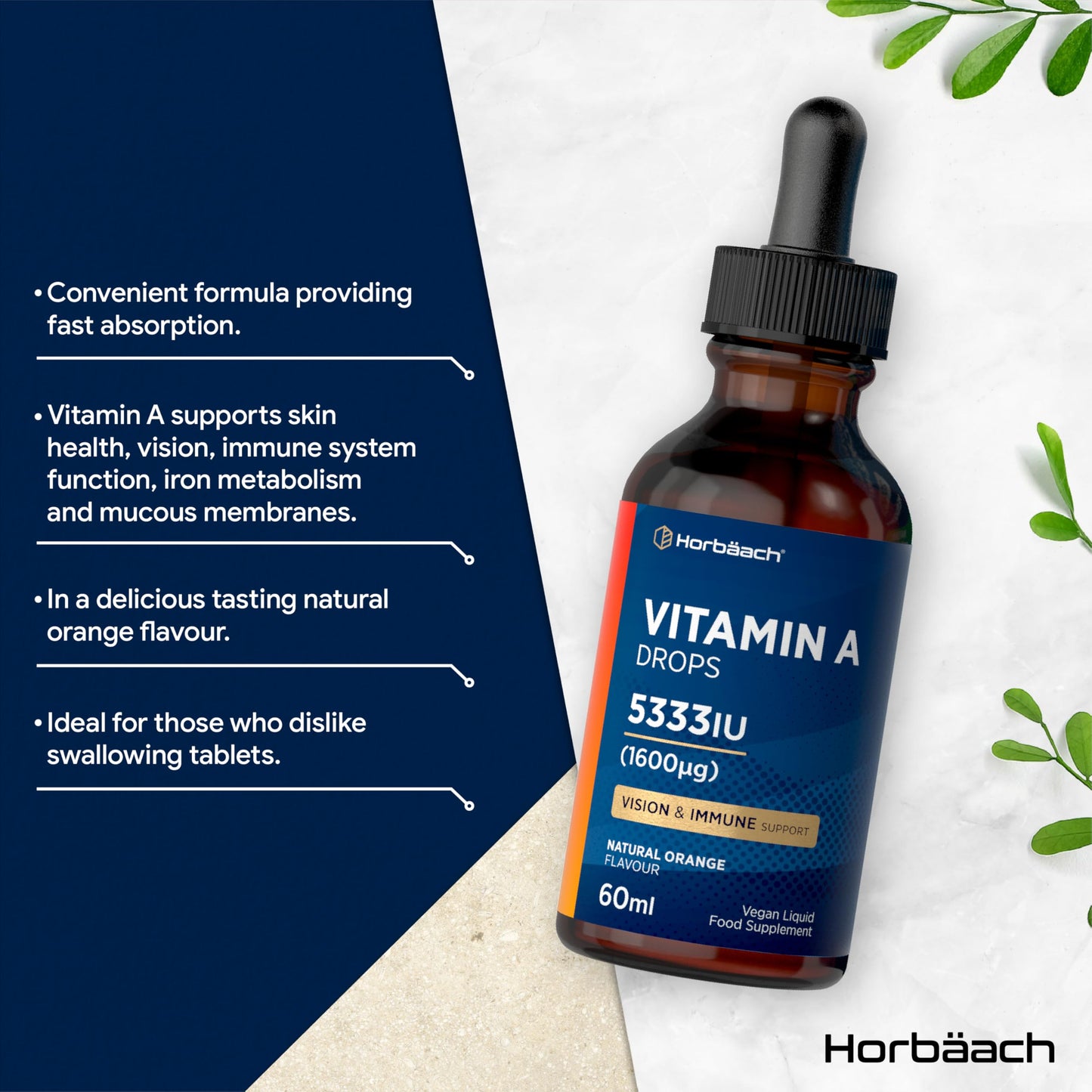 Horbäach Vitamin A Drops 5333IU | 60 mL | High Strength Vitamin A as Retinol Palmitate | Vegan Liquid Oral Supplement for Adults | Orange Flavour | By Horbaach