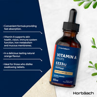 Horbäach Vitamin A Drops 5333IU | 60 mL | High Strength Vitamin A as Retinol Palmitate | Vegan Liquid Oral Supplement for Adults | Orange Flavour | By Horbaach