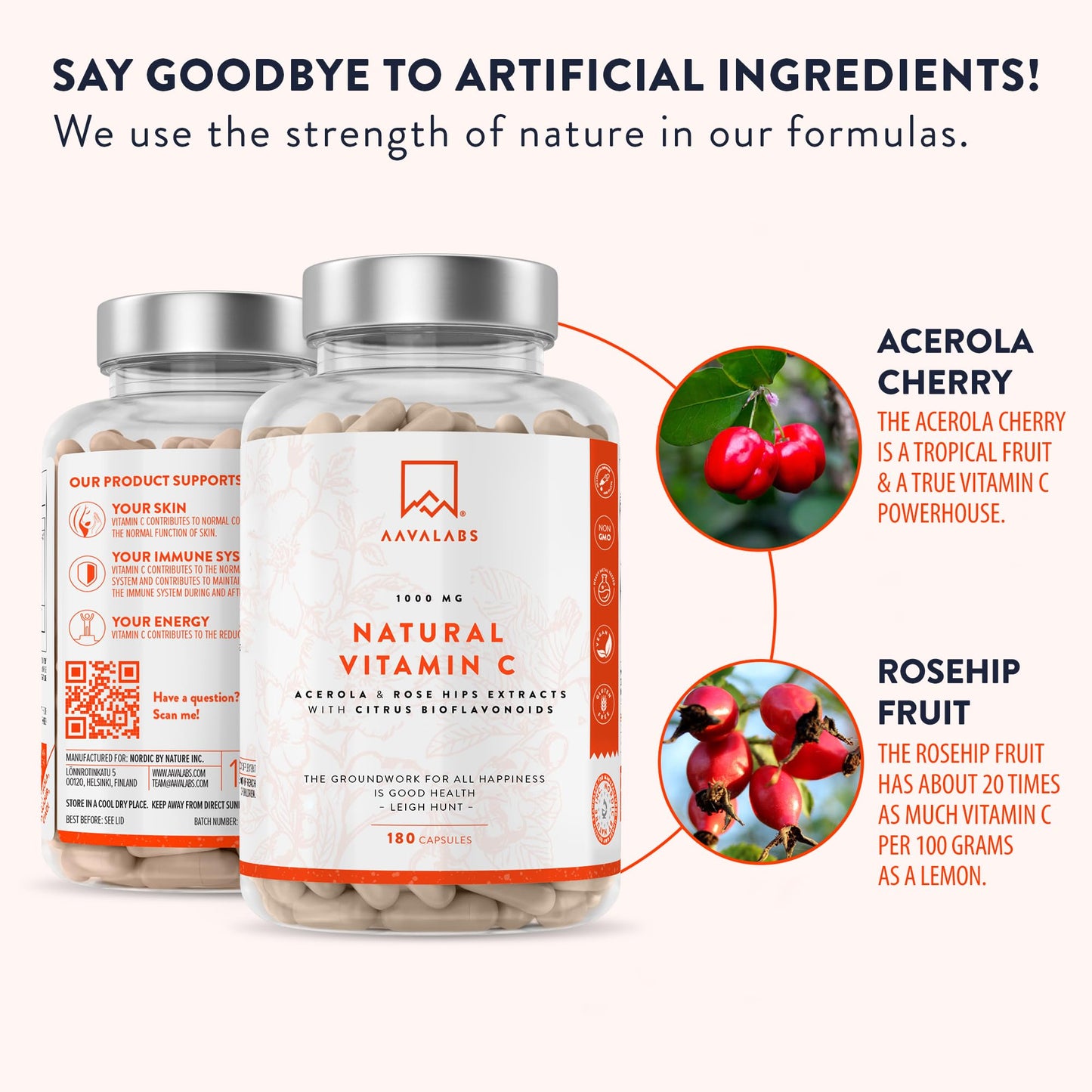 Natural High Strength Vitamin C 1000mg -180 Vitamin C tablets - 100% Vegan Acerola Fruit Extract - with Citrus Bioflavonoids and Rosehip - Vitamin C Capsules -Supports Immune Function- 3 Months Supply