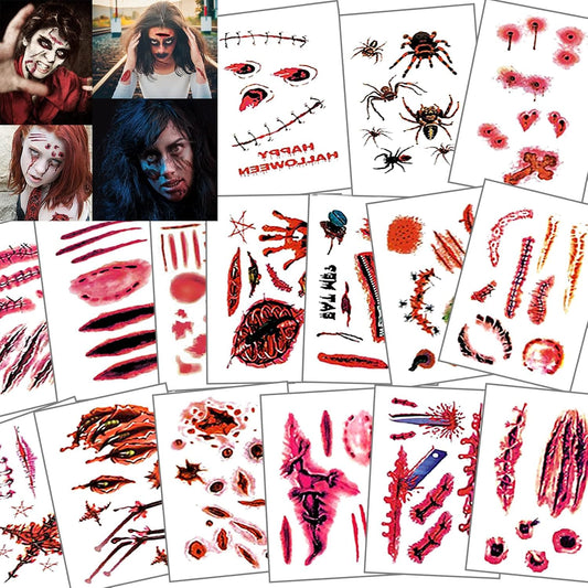 baymety Halloween Temporary Tattoos - 30 Sheets for Adults, Kids, Men & Women - Fake Wound Sutures, Vampire Bites, Zombie Makeup Kit