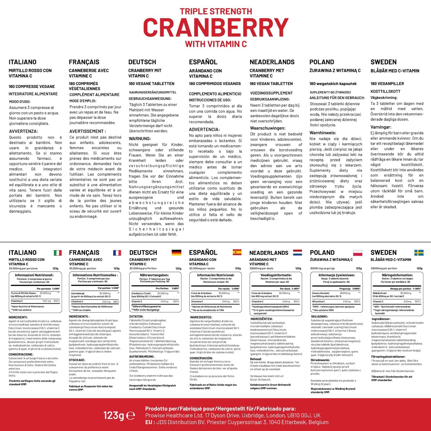 PH PROWISE Healthcare Triple Strength Cranberry 30,000mg Added with Vitamin C - 180 Vegan Tablets I UTI Support for Women I Easy to Swallow Tablets I Made in The UK by Prowise Healthcare